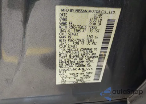 2006 Nissan Frontier Se z USA, uszkodzony, nr VIN 1N6AD07U96C406655